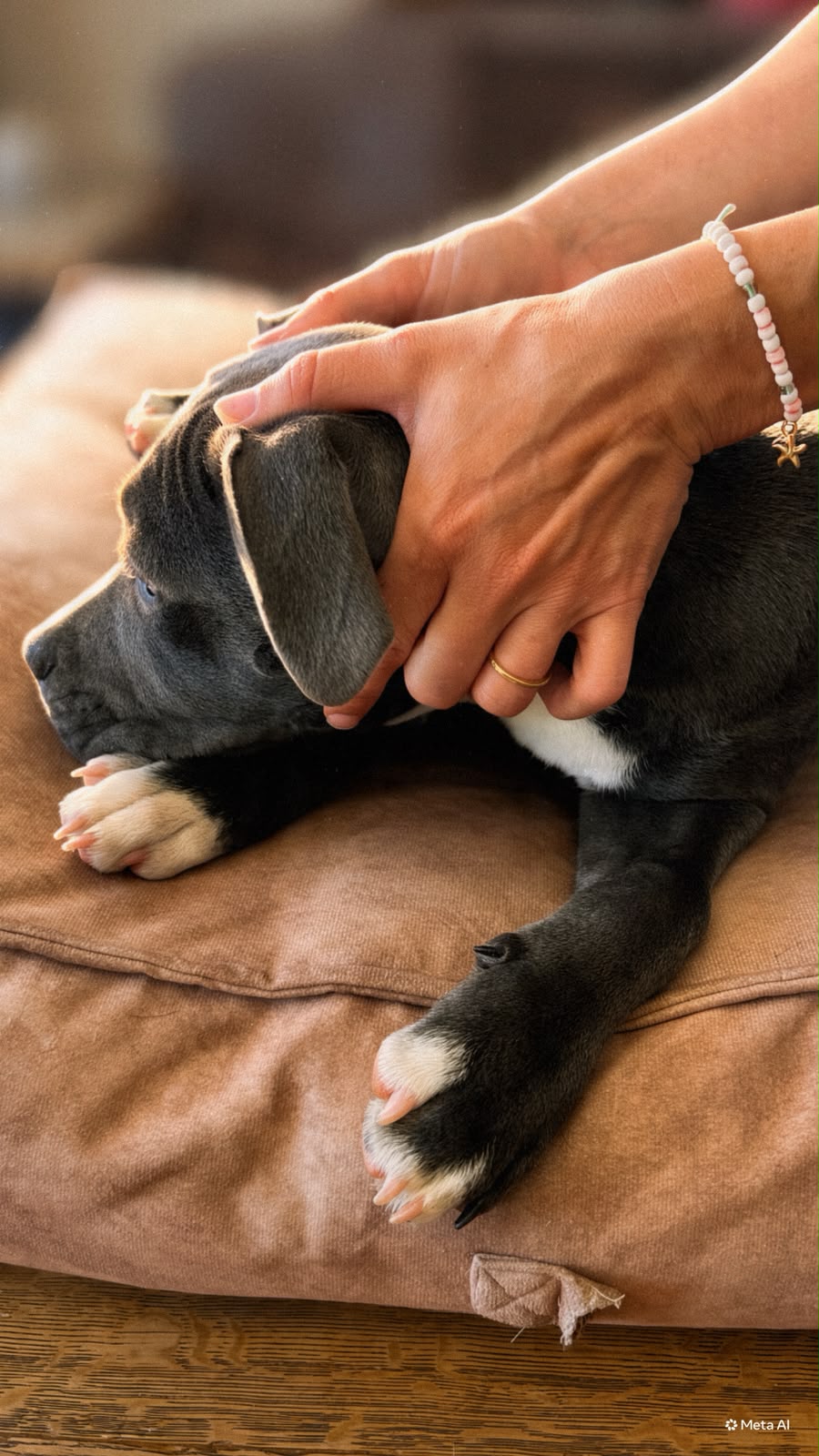 Mains posées sur la tête et le cou d’un chiot
